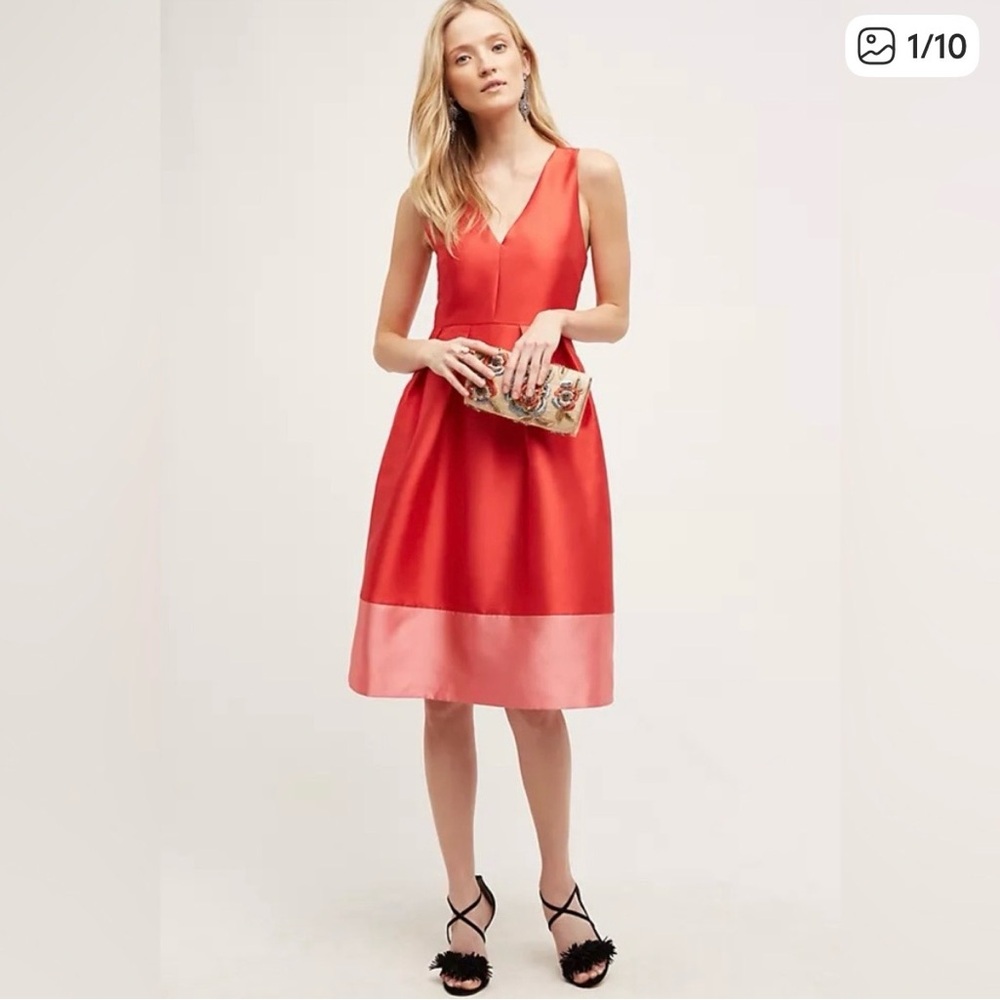 anthro maeve | red satin midi dress roseblock